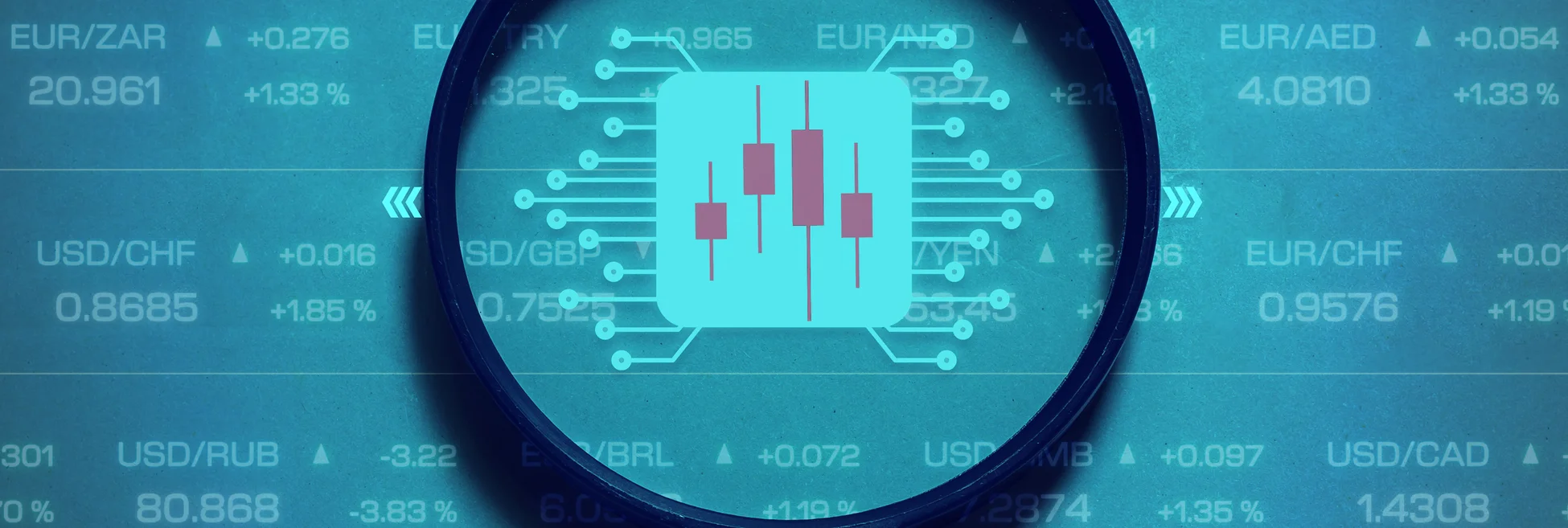 Magnifying glass over FX related microchip