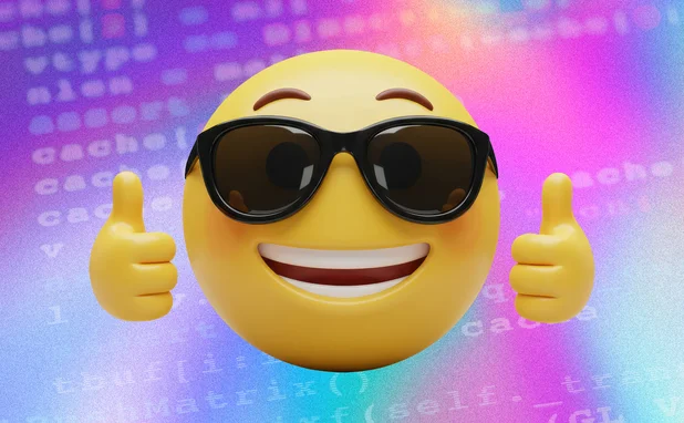 Sunglasses emoji in front of code background