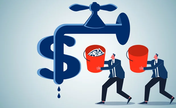 businessmen receiving cash from open dollar-sign taps 