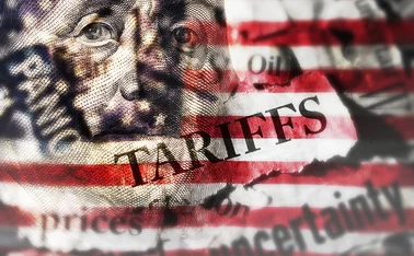Montage of US flag and George Washington’s dollar portrait with the words tariffs, panic, prices and oil