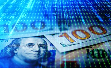 Dollar and euro with binary data background