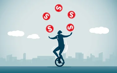 Illo of man on unicycle juggling dollars