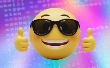 Sunglasses emoji in front of code background