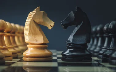 Two chess knights facing each other