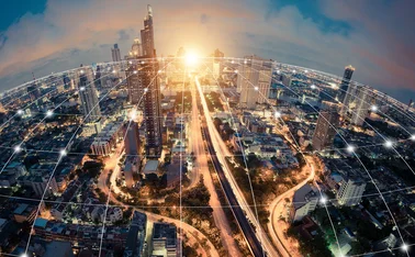 Digital network lines overlaid on spherized image of the financial district in Bangkok, Thailand