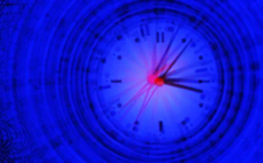 Multiple clocks overlaid with blurry binary data