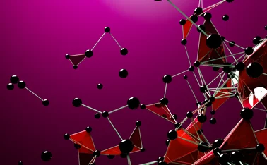 Abstract 3D network of interconnected black spheres and red geometric structures on a magenta background, representing artificial intelligence, data connectivity, machine learning and digital infrastructure