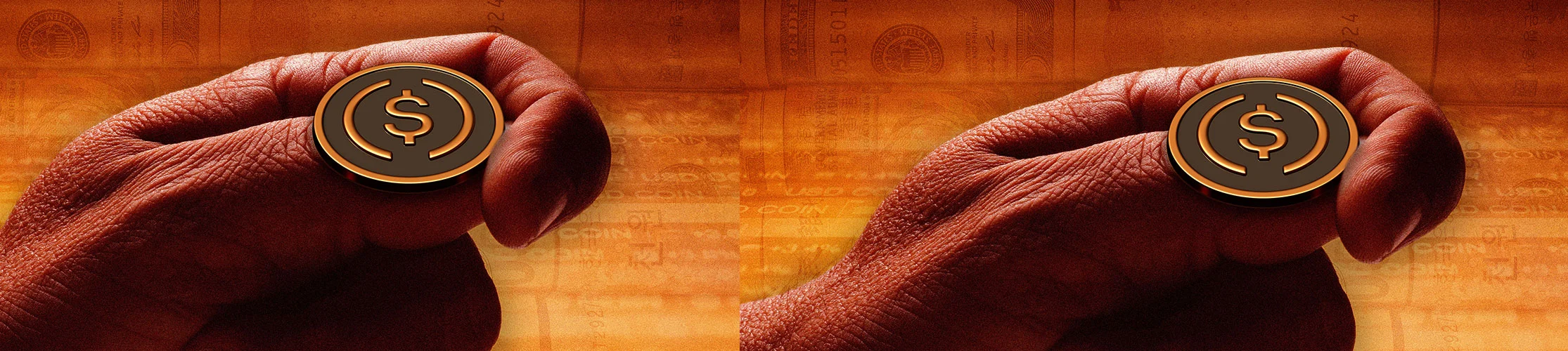 A hand is flipping a digital coin