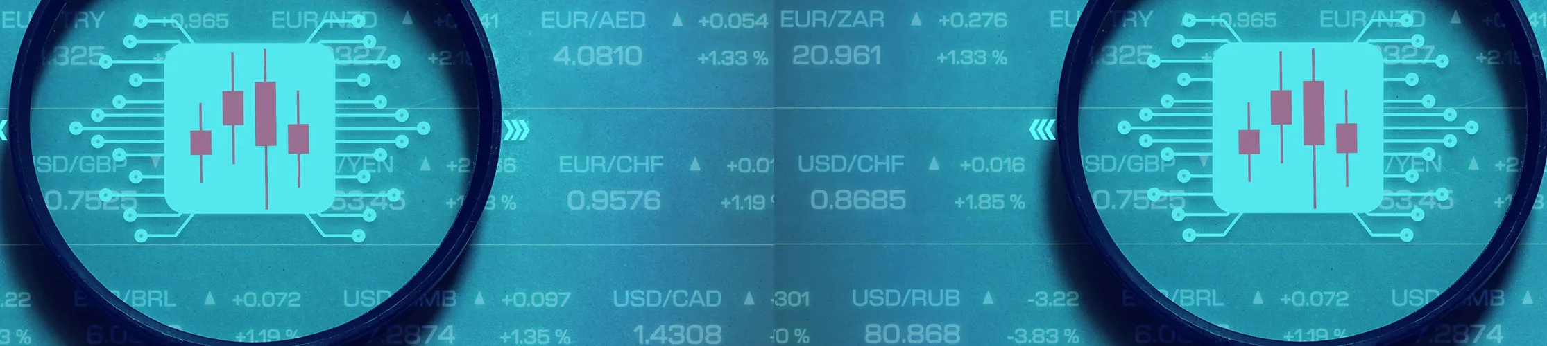 Magnifying glasses focus on bar charts