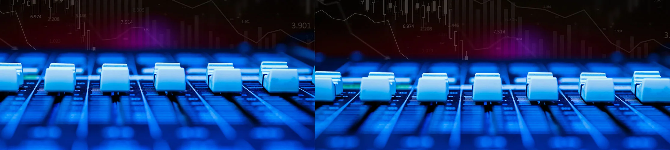 Image representing adaptive technology by showing a mixing desk superimposed over financial data charts