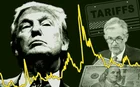 Collage of Trump and tariff sign, Jay Powell and US dollars either side of a volatility spike chart