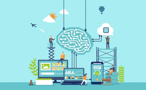 Illustration of artificial intelligence and machine learning development. People in construction gear are working on a large digital brain symbol, representing AI, connected to cloud computing, data charts, and devices like smartphones and monitors. Elements include circuit boards, data visualizations, chatbots, and a microchip, symbolizing AI integration in technology and business