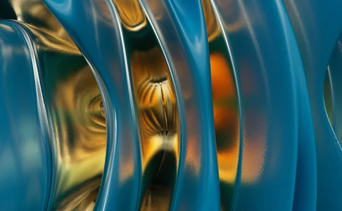 Abstract close-up of smooth metallic and blue flowing shapes with gold reflections, representing fluidity, transformation, and the fusion of art and technology.