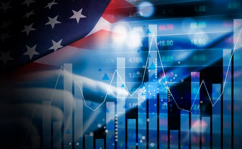 Composite image showing trading on a screen against analytics and US flag