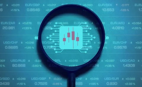 Magnifying glass over FX related microchip