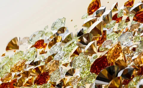Abstract 3D composition of faceted gemstones in gold, amber, green, black and clear tones, floating in layered clusters against a warm cream background
