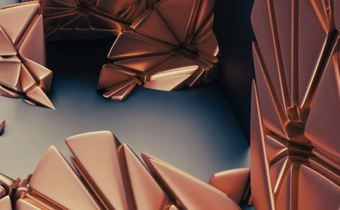 Abstract metallic copper geometric forms arranged around a dark central opening