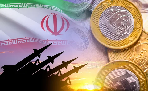 Montage of Iran flag with rocket launchers pointed at EM currencies