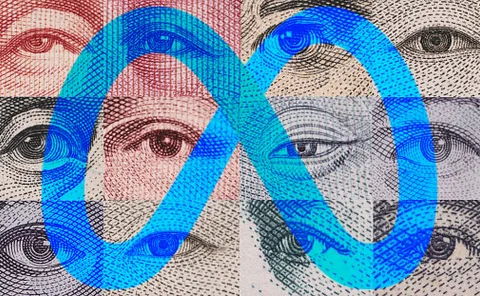Montage of eyes on global currency banknotes overlaid with Meta logo