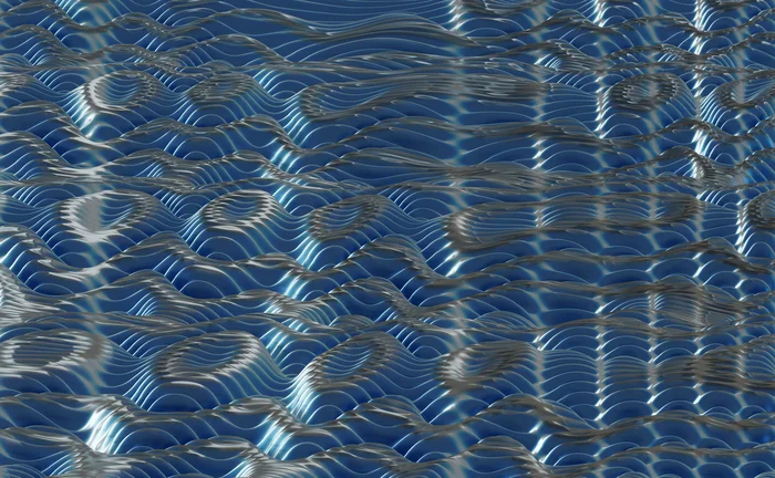 Abstract 3D surface of flowing blue wave patterns with reflective highlights, resembling rippling water or data waves