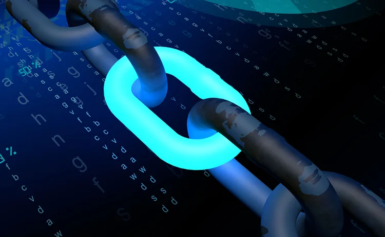 Blockchain link Chain links hover over a data screen