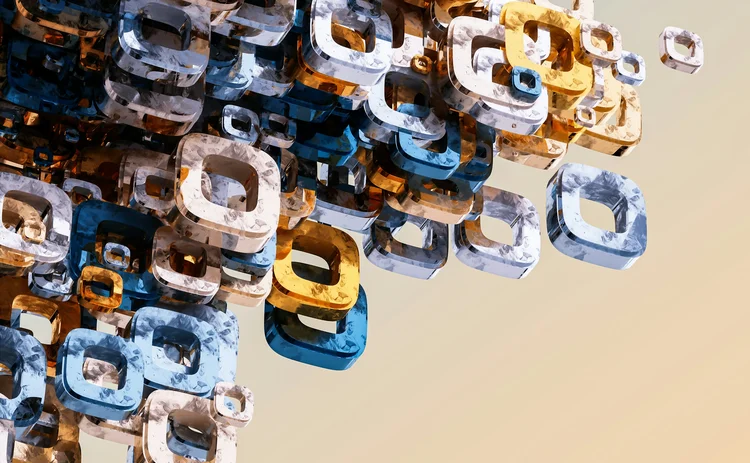 Abstract 3D rendering of a cluster of transparent, marbled square torus shapes in blue, gold, and white hues, floating against a soft gradient background. The geometric forms are densely packed on one side and disperse outward, evoking a dynamic sense of motion and digital complexity