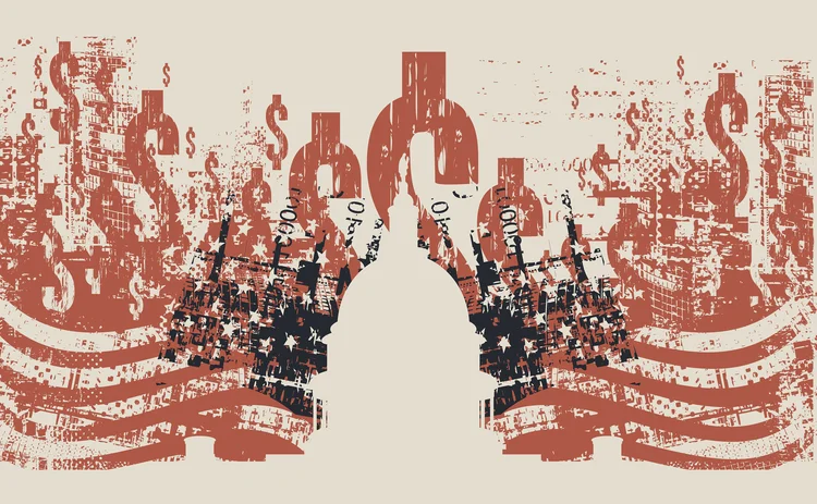 Trump-FX-Getty-2194684582 Grungy illustration of dollar symbols bisected by silhouette of US Senate