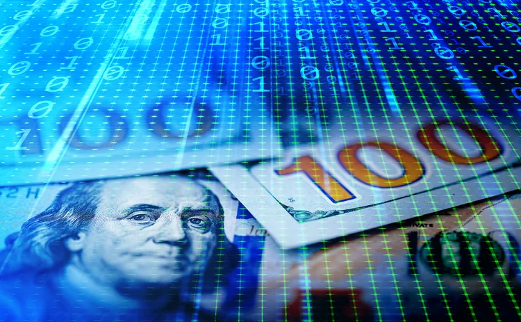 Dollar and euro with binary data background