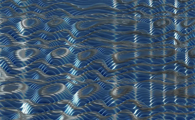 Abstract 3D surface of flowing blue wave patterns with reflective highlights, resembling rippling water or data waves