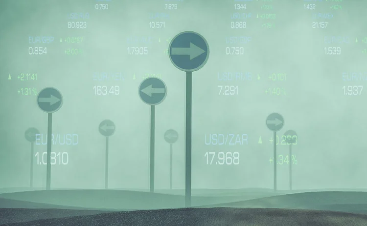 Conflicting signs in a foggy landscape