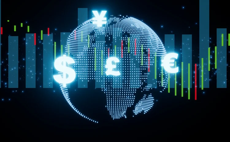 Digital globe with currency symbols and candlestick charts