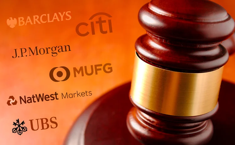 Judge’s gavel with names of six banks involved in the FX case