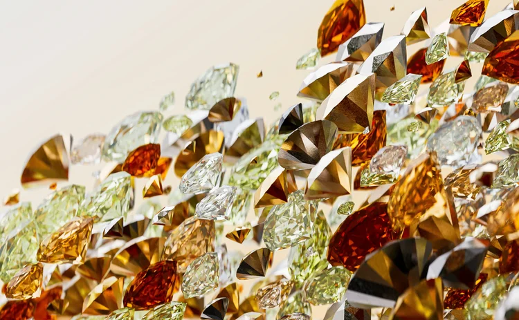 Abstract 3D composition of faceted gemstones in gold, amber, green, black and clear tones, floating in layered clusters against a warm cream background