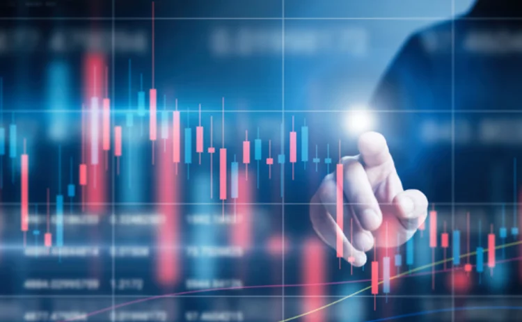 Digital financial trading chart with candlestick data and a hand interacting with market analytics on a screen