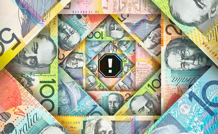 Funnel of Aussie dollar notes with an error message at the centre