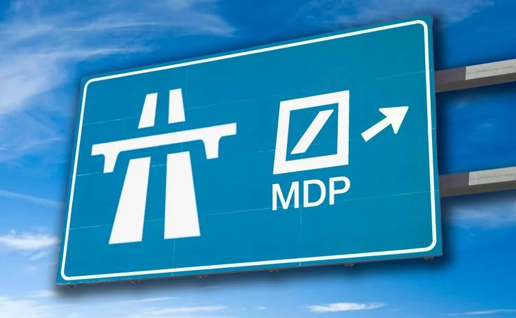 Motorway sign with a right turn-off signalled “MDP” beneath a Deutsche Bank logo