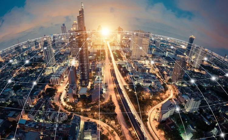 Digital network lines overlaid on spherized image of the financial district in Bangkok, Thailand