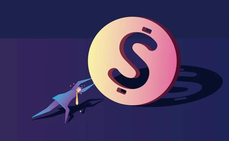 Dollar-bets-Getty-1206122815 Illustration of a businessman pushing a large dollar coin