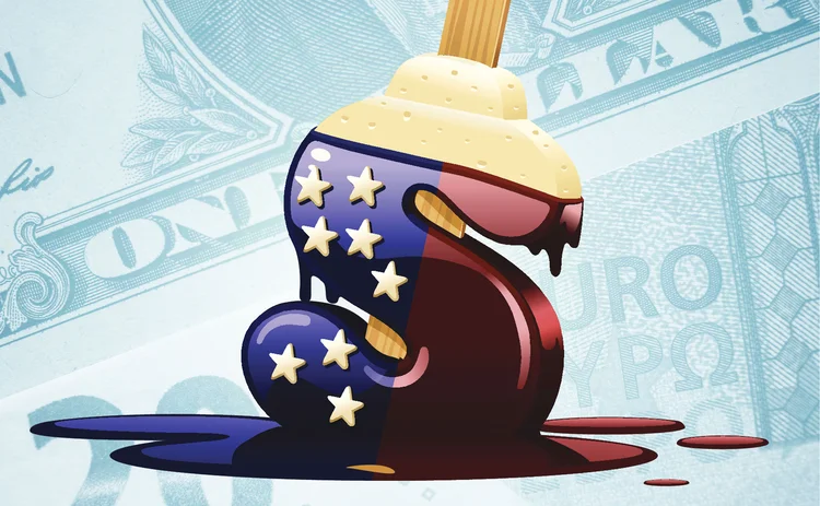 Melting ice cream in USD wrapper against a background of euros and dollars