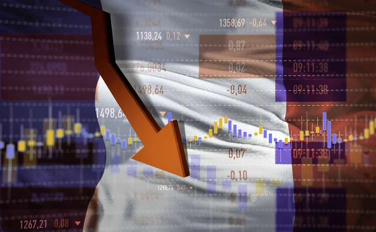 France flag, financial figures and down arrow