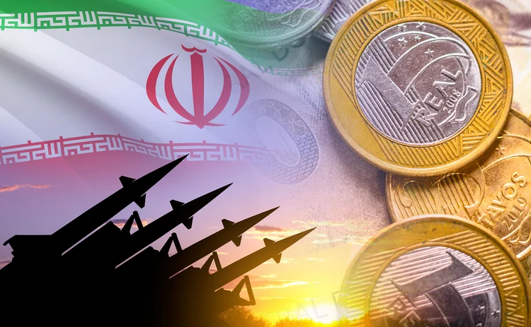 Montage of Iran flag with rocket launchers pointed at EM currencies