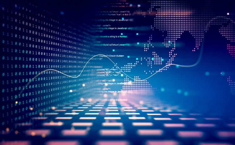 Montage of digitised global map and binary code over Python strings and pricing curve Digital rendition of binary code and Python text next to global map and an FX pricing curve