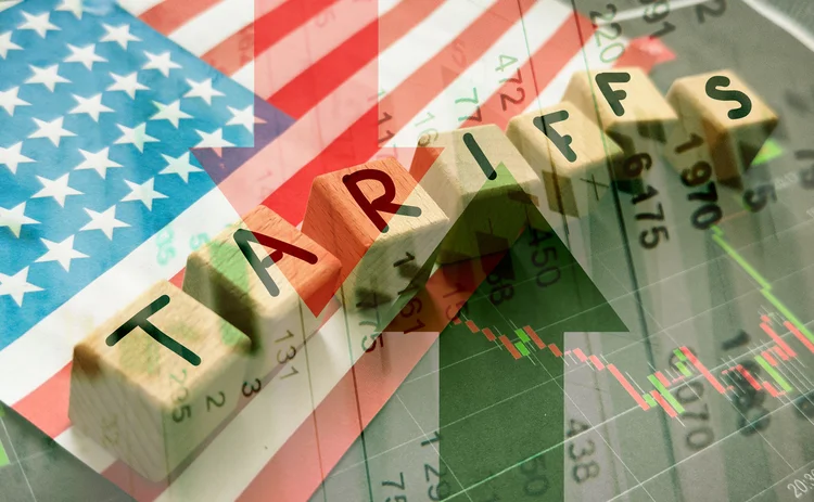 Tariff ups and downs US flag with a ‘tariffs’ sign and some up and down arrows