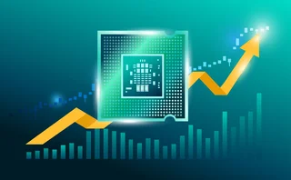 Circuit board above a rising arrow chart showing growth