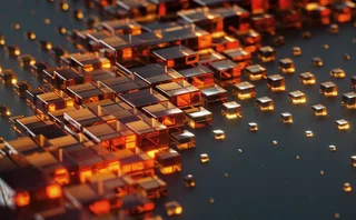 Abstract 3D digital landscape of glowing orange and amber cubes arranged in geometric formations across a dark surface.