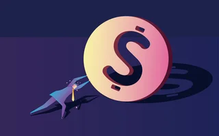 Illustration of a businessman pushing a large dollar coin