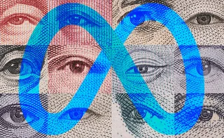 Montage of eyes on global currency banknotes overlaid with Meta logo