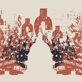 Grungy illustration of dollar symbols bisected by silhouette of US Senate