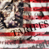 Montage of US flag and George Washington’s dollar portrait with the words tariffs, panic, prices and oil