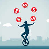 Illo of man on unicycle juggling dollars